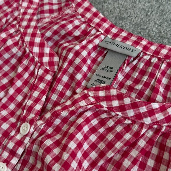 - Catherines 100% Cotton Fuchsia Pink White Gingham 3/4 Sleeves Blouse 3XWP - Picture 3 of 5